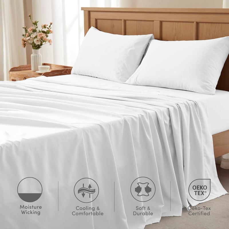 Comfort Spaces Queen Cooling Sheets, Moisture Wicking Coolmax Sheets, Soft, Colorfast Sheet Set, Cooling Bed Sheets For Hot Sleepers, Elastic Deep Pocket Fits Up to 16" Mattress, Queen White 4 Piece - Image 5